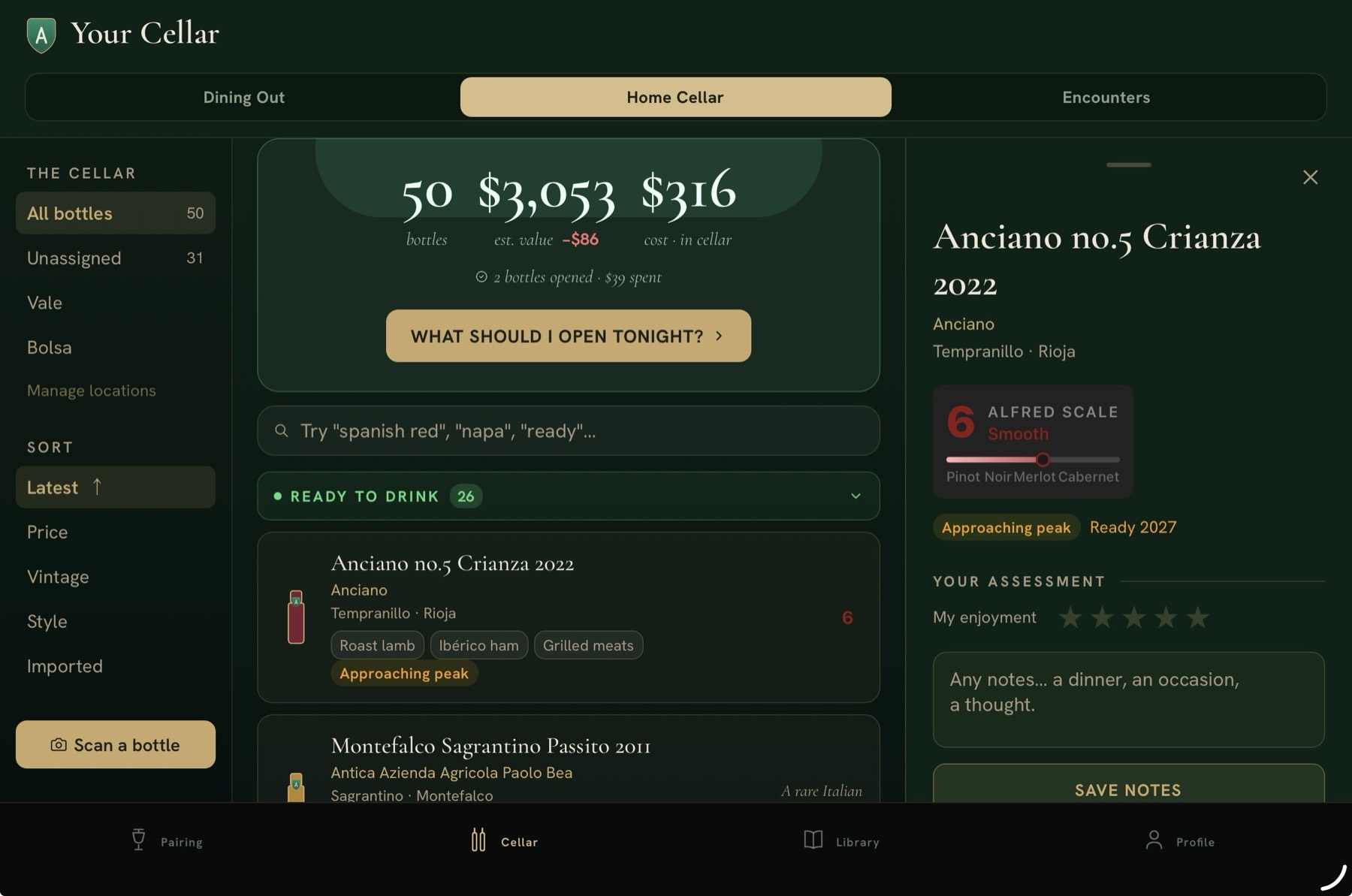 The Cellar Room on iPad: locations rail, bottle list, and bottle detail side by side